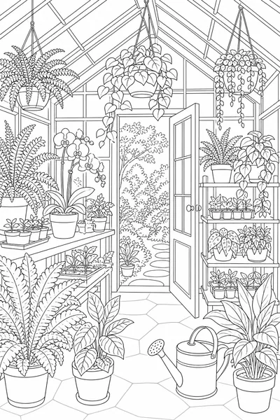 A greenhouse filled with potted plants and climbing vines.