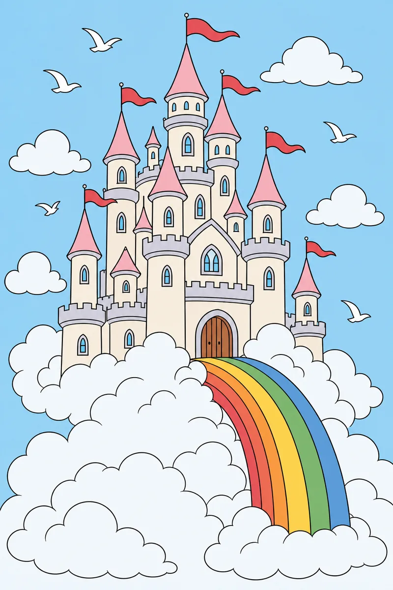 The same castle coloring page, coloured in: cream walls, pink roofs, a blue sky and a rainbow.