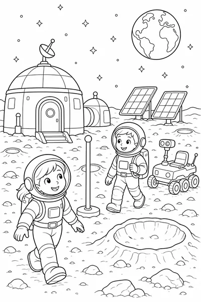 A moon camp with a lander, tents and craters.