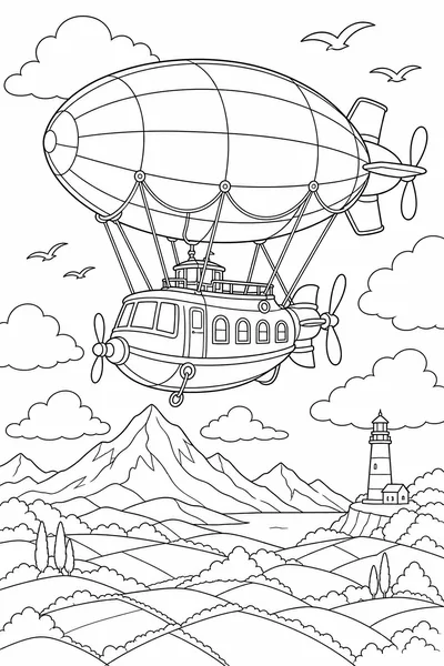 An airship floating over rooftops and hills.